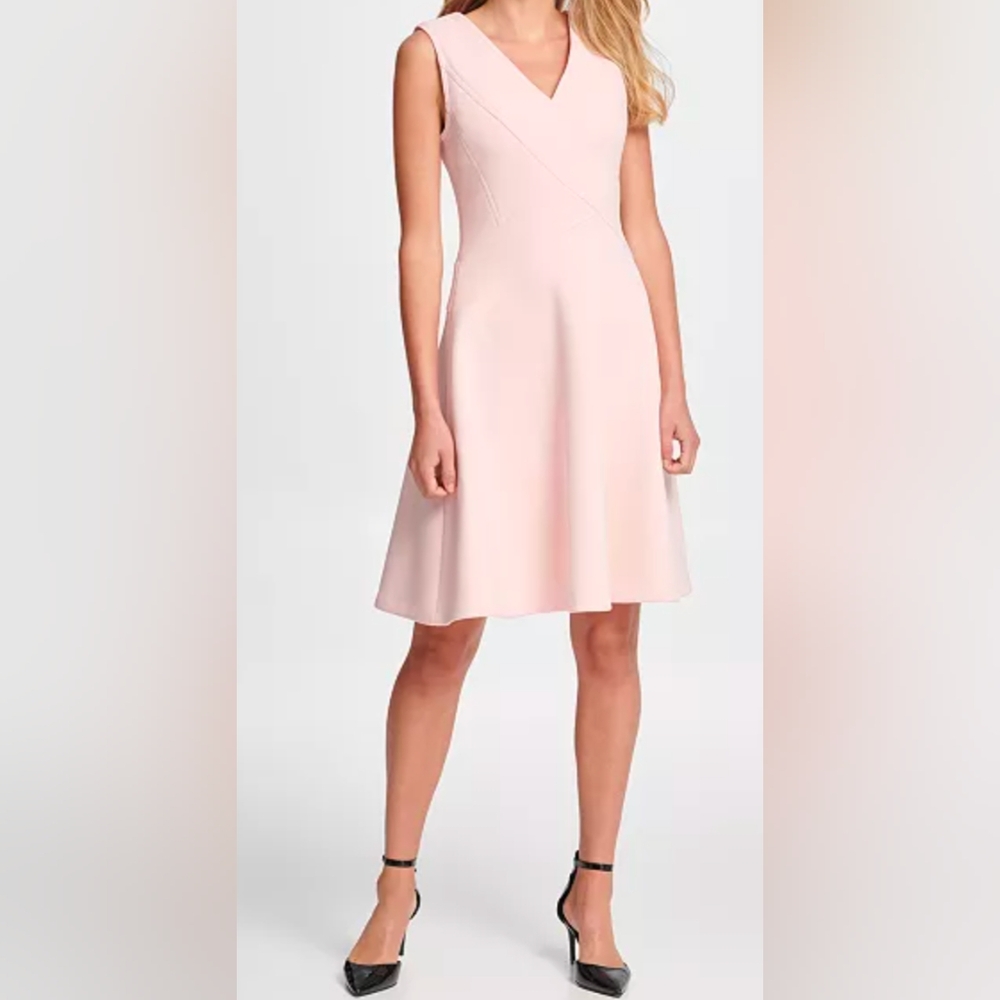 DKNY  Pink Fit And Flare V-Neck  Dress
